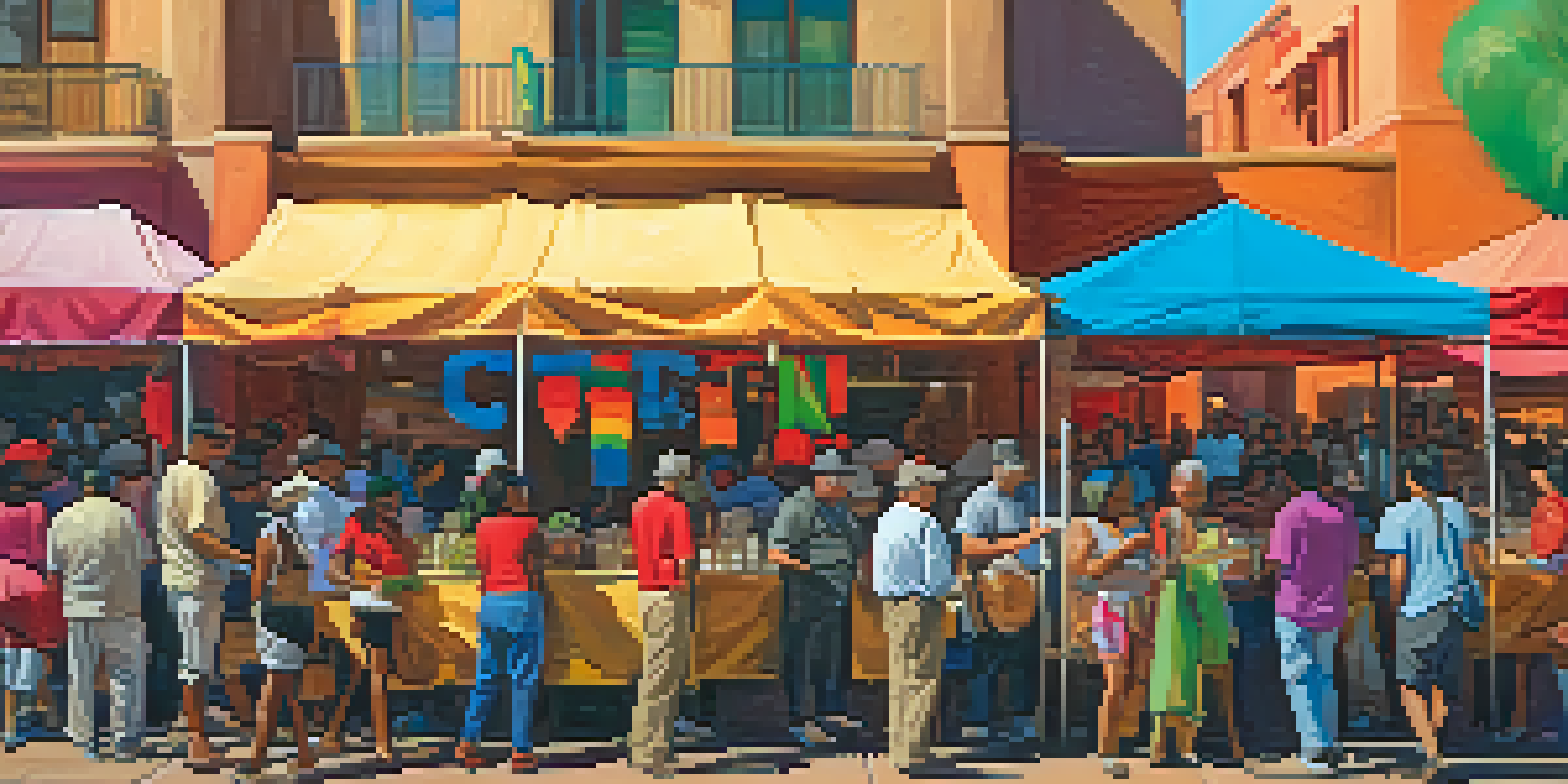 A lively festival scene in Tucson with diverse food stalls and colorful displays, showing people enjoying traditional foods and engaging in conversations.