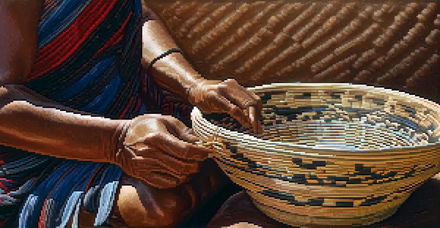 A close-up of an artisan's hands weaving a traditional basket, showcasing intricate patterns and natural materials.