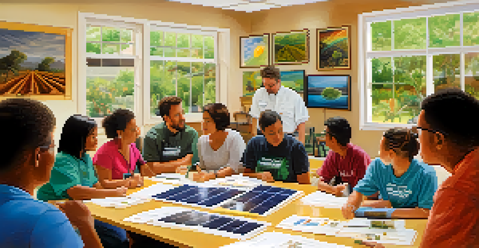 A community workshop in Tucson with people learning about solar energy, surrounded by informative posters and bright natural light.
