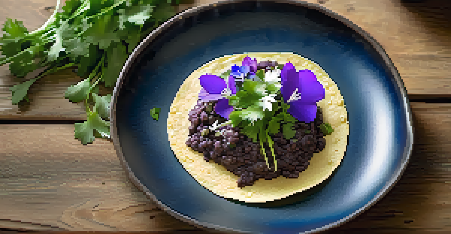 A close-up of a fusion dish featuring blue corn tortillas filled with mole and nopales, garnished with edible flowers on a rustic wooden table.