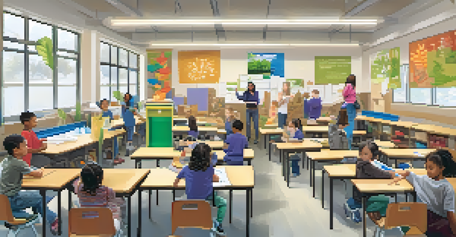 Children participating in a sustainability workshop in a classroom filled with educational materials.