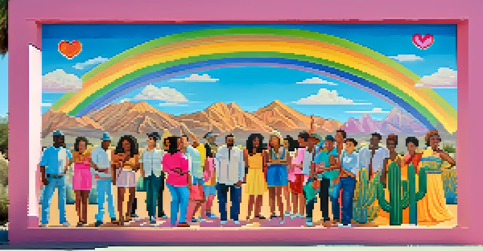 A colorful mural showing a diverse group of LGBTQ+ people celebrating in Tucson, with cacti and mountains in the background.