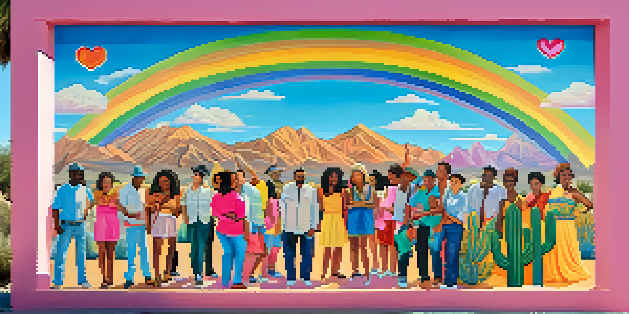 A colorful mural showing a diverse group of LGBTQ+ people celebrating in Tucson, with cacti and mountains in the background.
