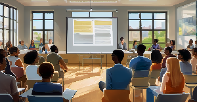 A university researcher presenting research findings to a diverse audience at a community event, with educational posters and a projector in the background.