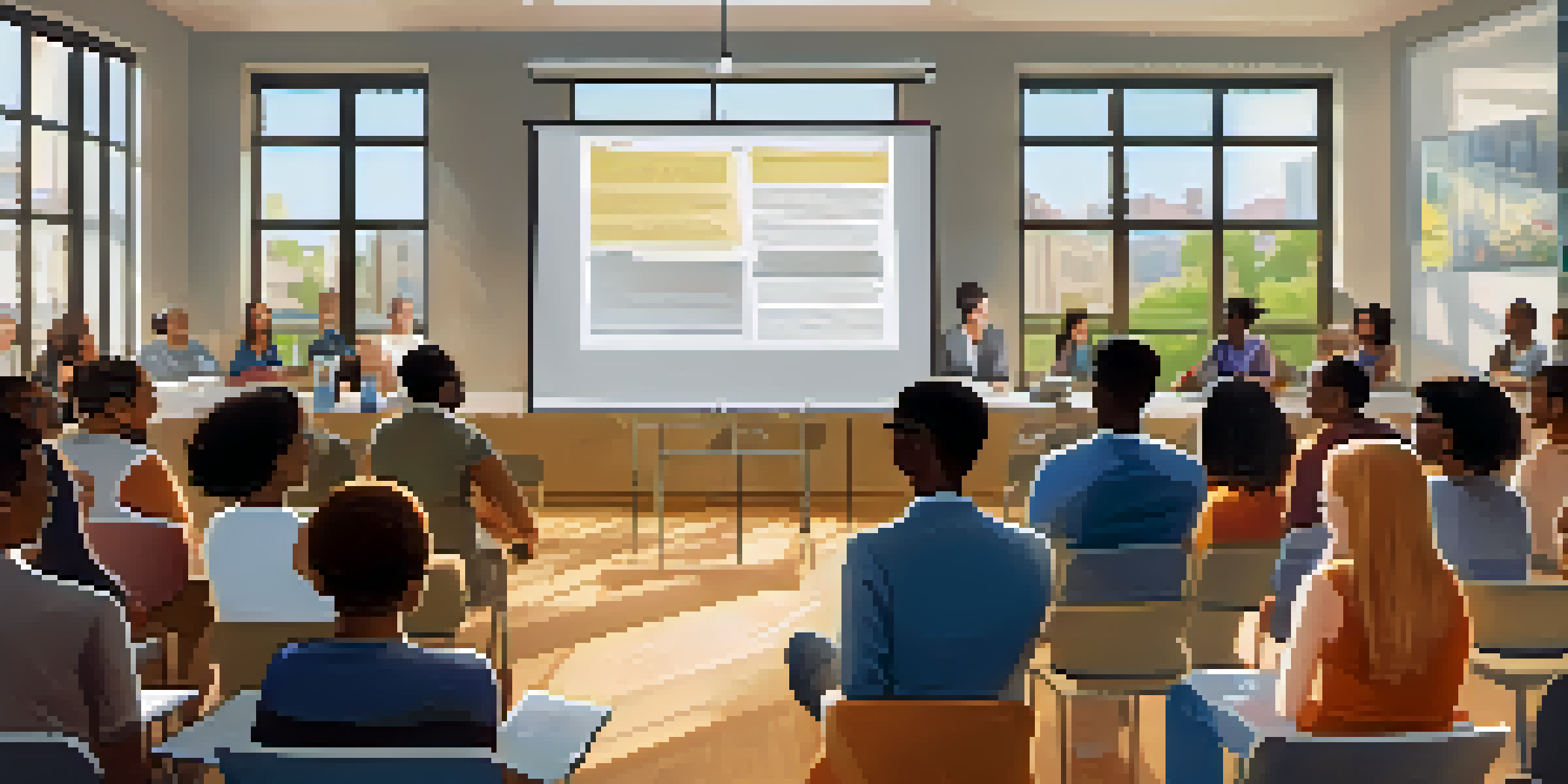 A university researcher presenting research findings to a diverse audience at a community event, with educational posters and a projector in the background.