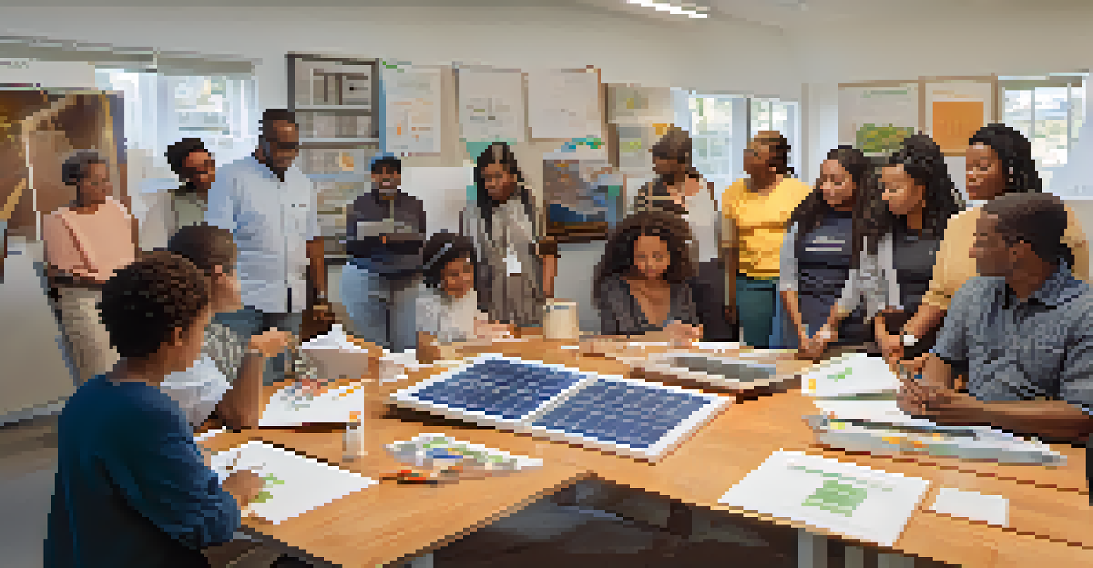 A community workshop with diverse participants learning about solar energy, surrounded by solar panel models and educational materials.