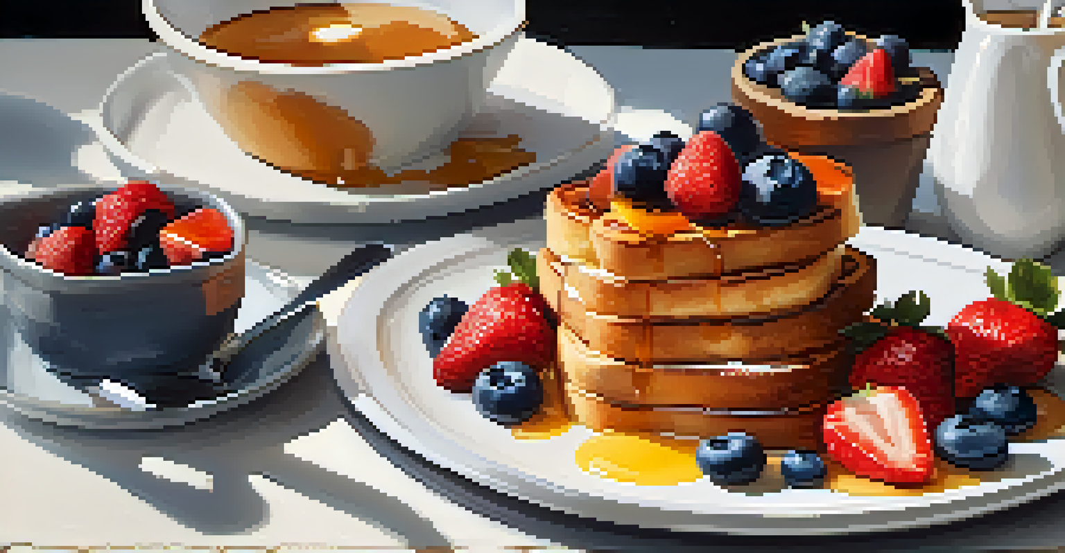 A trendy brunch scene featuring Brioche French Toast with maple syrup and seasonal fruits in a modern café setting.