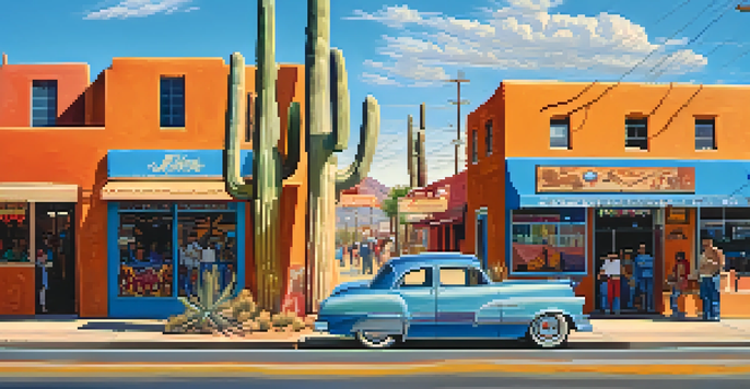 A colorful street scene in Tucson, Arizona, with murals and desert landscape.