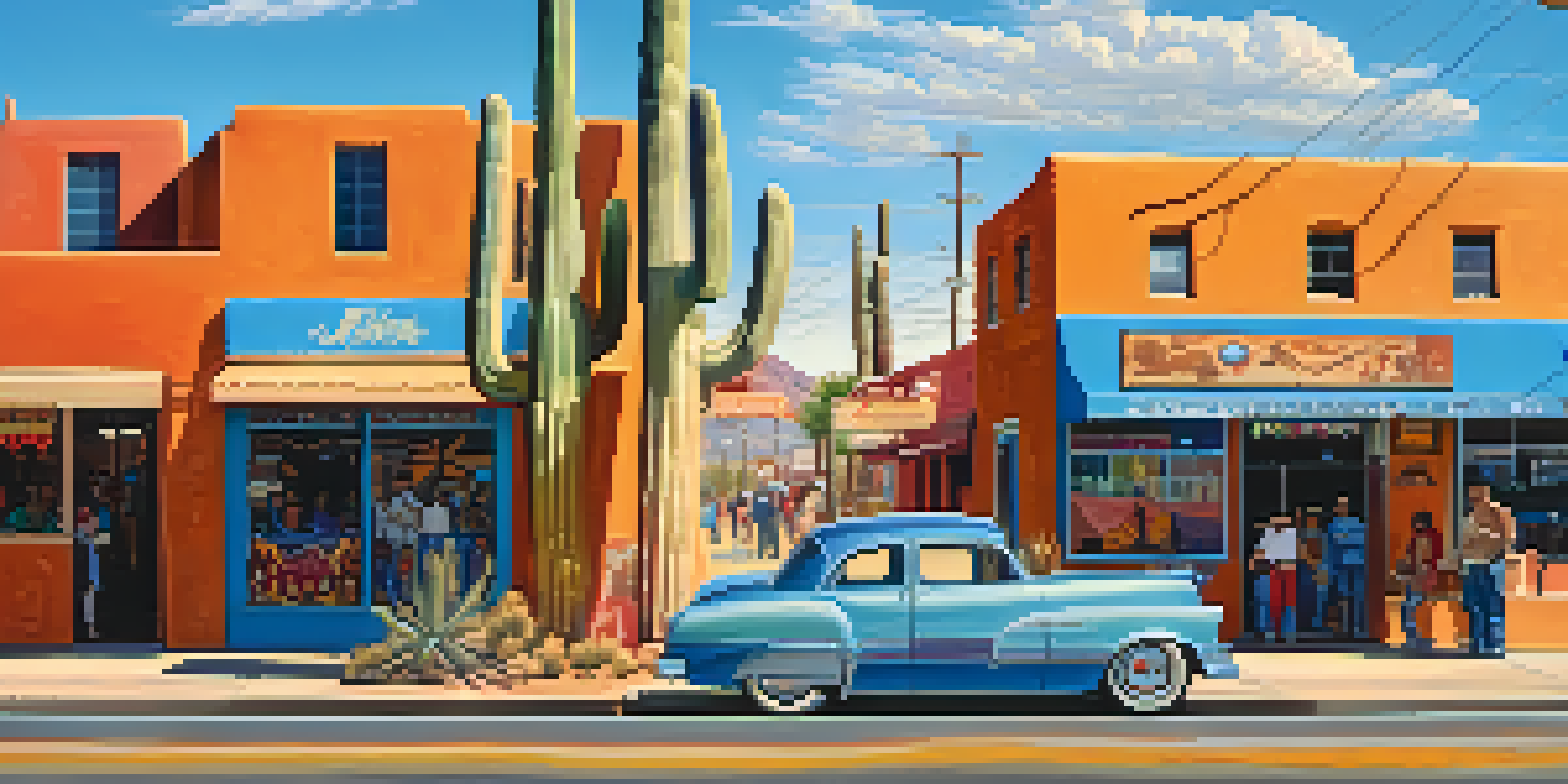 A colorful street scene in Tucson, Arizona, with murals and desert landscape.