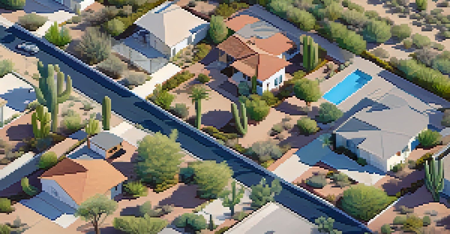 An aerial view of a Tucson neighborhood showcasing xeriscaping practices with drought-resistant plants and minimal irrigation, set against a clear blue sky.