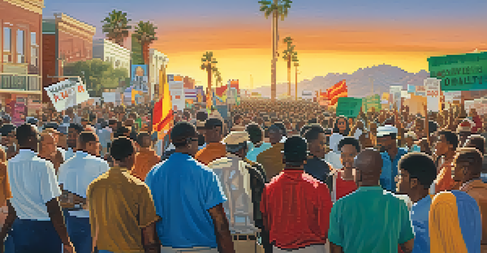 A historical civil rights march in Tucson with a diverse group of protesters holding banners, set against a sunset backdrop and the Tucson skyline.