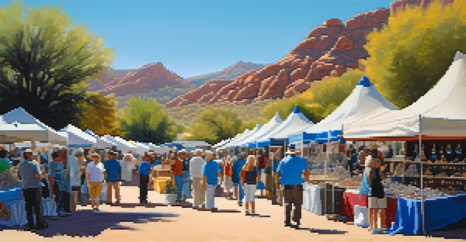 An outdoor vendor area with colorful tents displaying handcrafted jewelry and geodes at the Tucson Gem and Mineral Show, with families enjoying the atmosphere.
