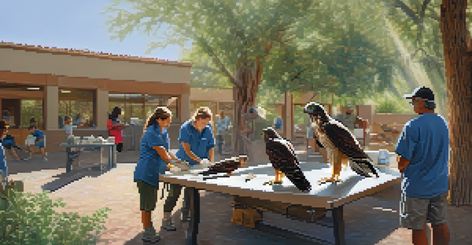 A wildlife rehabilitation center in Tucson with professionals caring for a young hawk in a sunny enclosure.