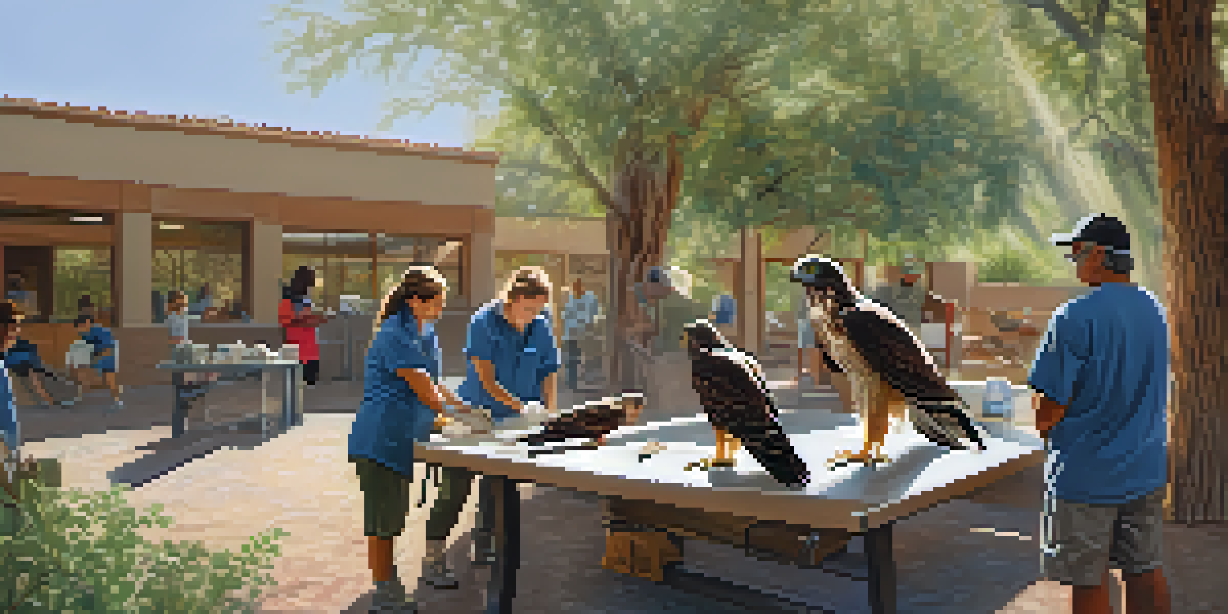 A wildlife rehabilitation center in Tucson with professionals caring for a young hawk in a sunny enclosure.