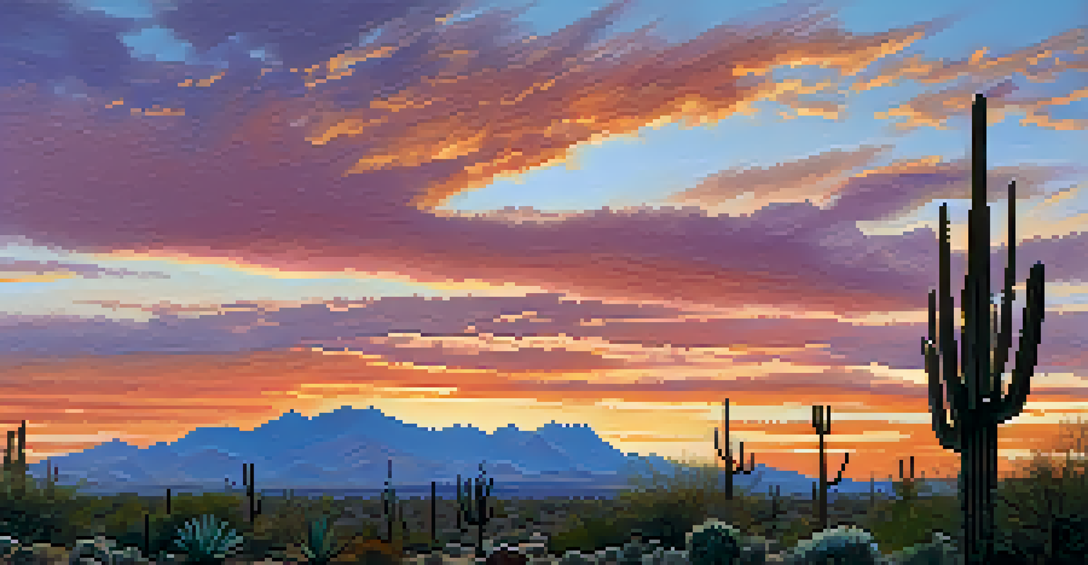 A colorful sunset over the desert landscape with silhouetted cacti and mountains in the background.