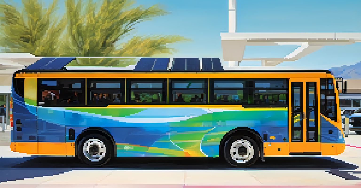 A modern Tucson bus with eco-friendly features at a bus station, highlighting the city's commitment to sustainability and technology.