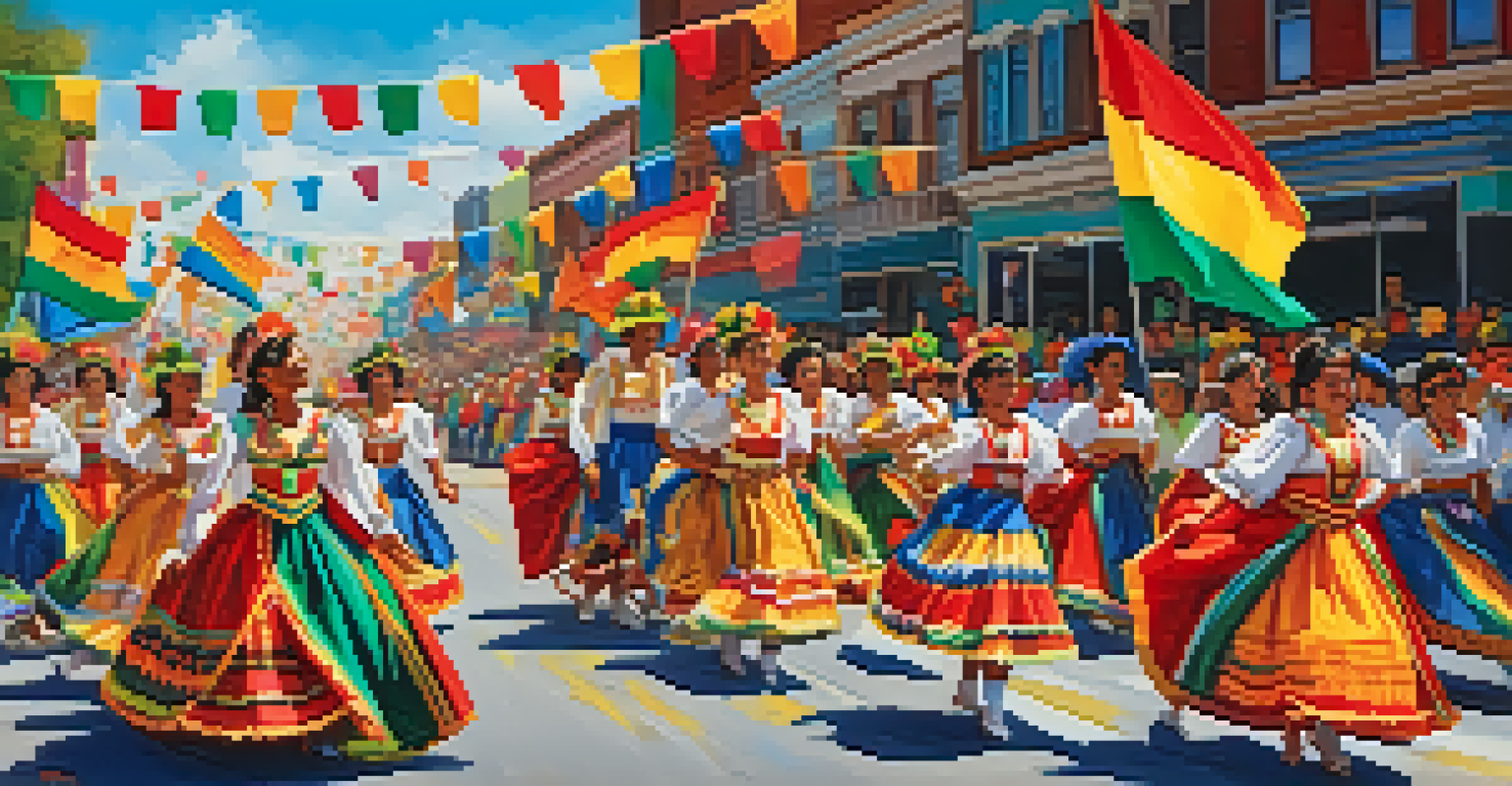 A vibrant Cinco de Mayo parade with traditional dancers and colorful floats, surrounded by enthusiastic spectators under a bright blue sky.