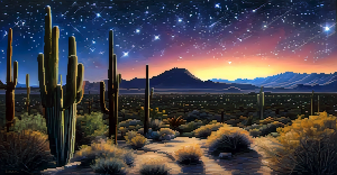 A beautiful night sky in Tucson with bright stars and constellations, featuring silhouettes of cacti in the desert.