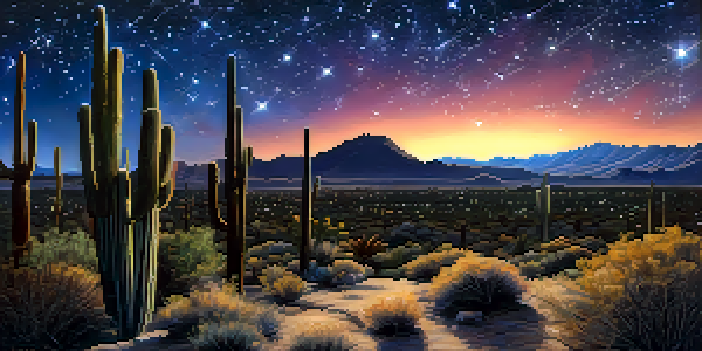 A beautiful night sky in Tucson with bright stars and constellations, featuring silhouettes of cacti in the desert.