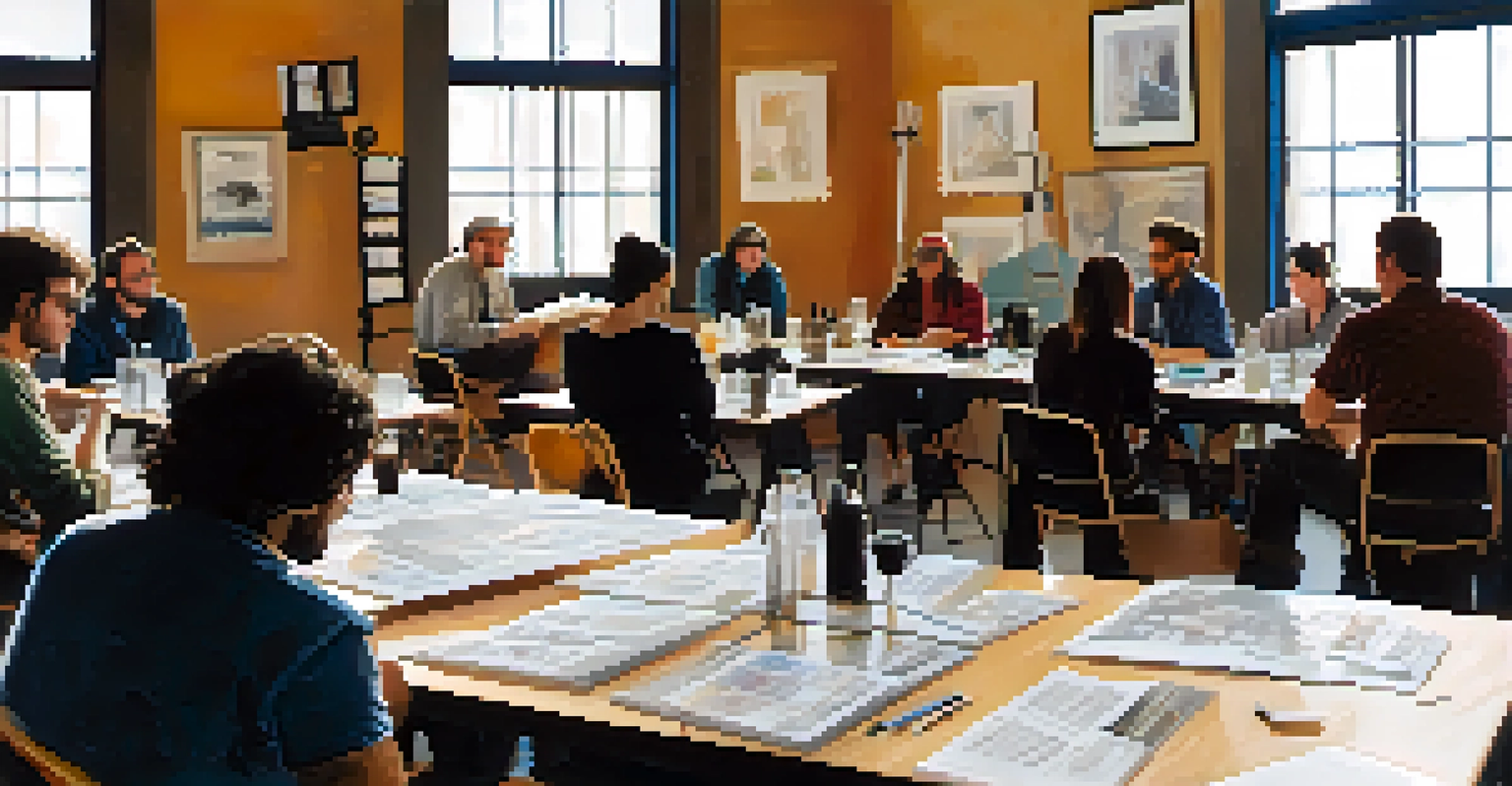 An intimate workshop at Tucson's Film Festival, with a seasoned filmmaker sharing insights with aspiring filmmakers in a well-lit room filled with film equipment.