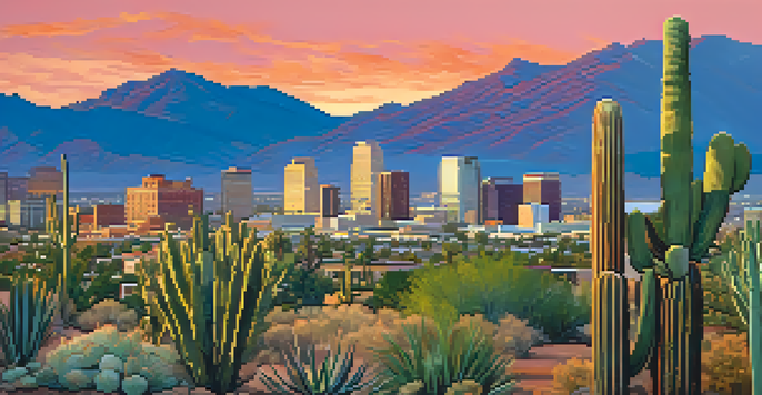 A sunset view of Tucson's skyline featuring a mix of historic and modern buildings, with cacti in the foreground.