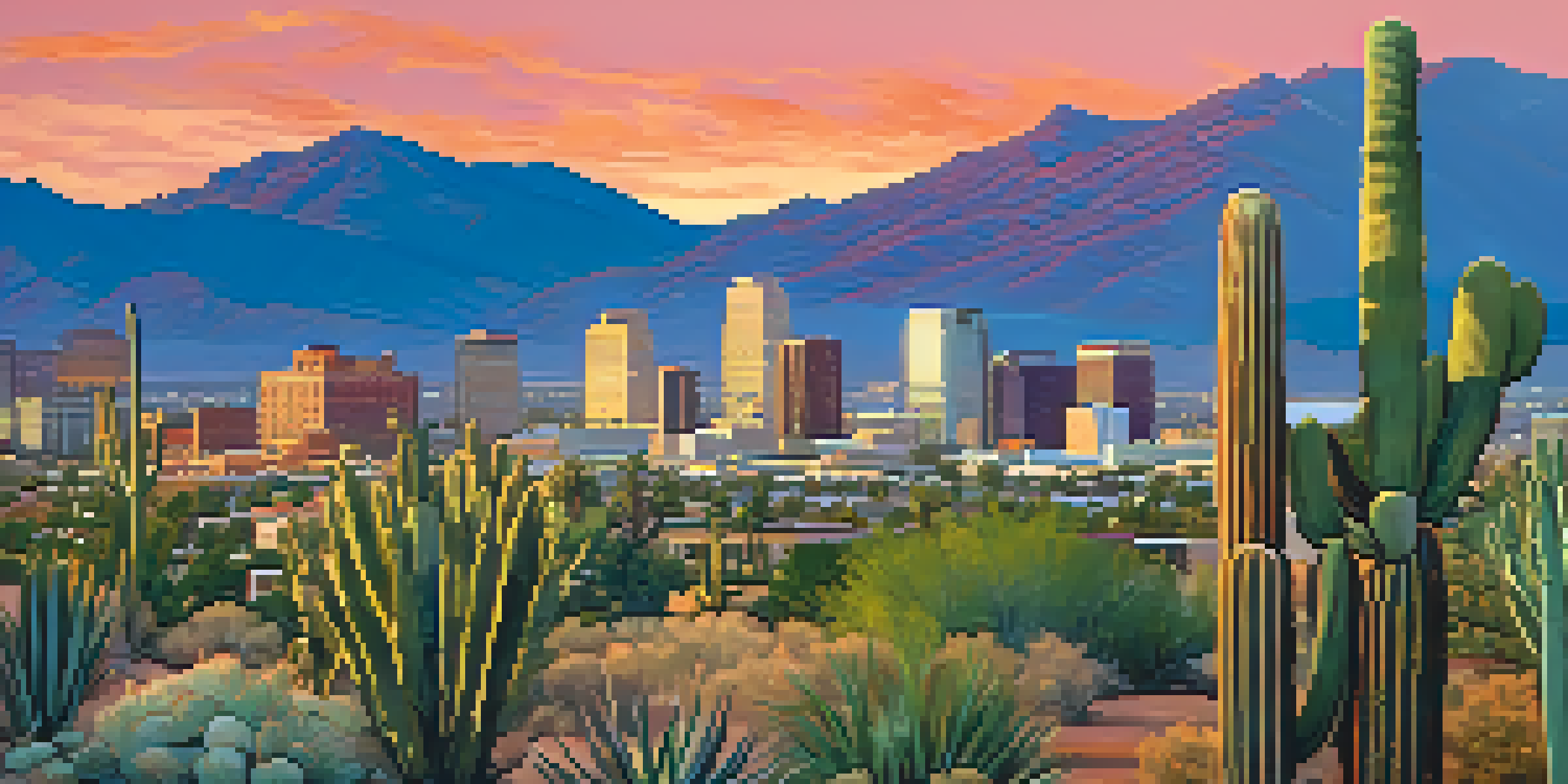 A sunset view of Tucson's skyline featuring a mix of historic and modern buildings, with cacti in the foreground.
