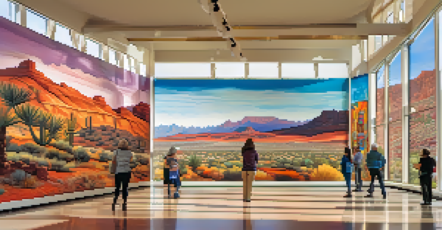 Visitors enjoying a colorful mural inside the Tucson Museum of Art, with natural light illuminating the gallery.