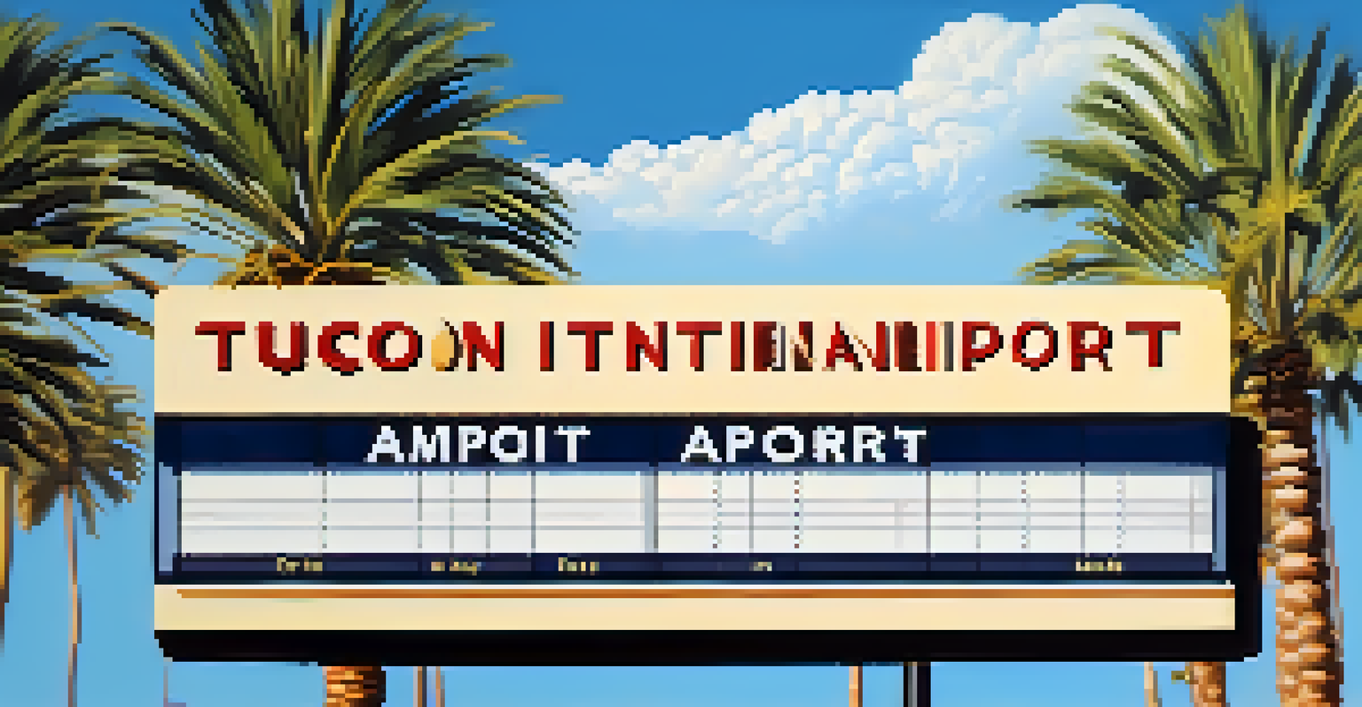 A close-up of the Tucson International Airport sign surrounded by palm trees and a blurred terminal in the background.