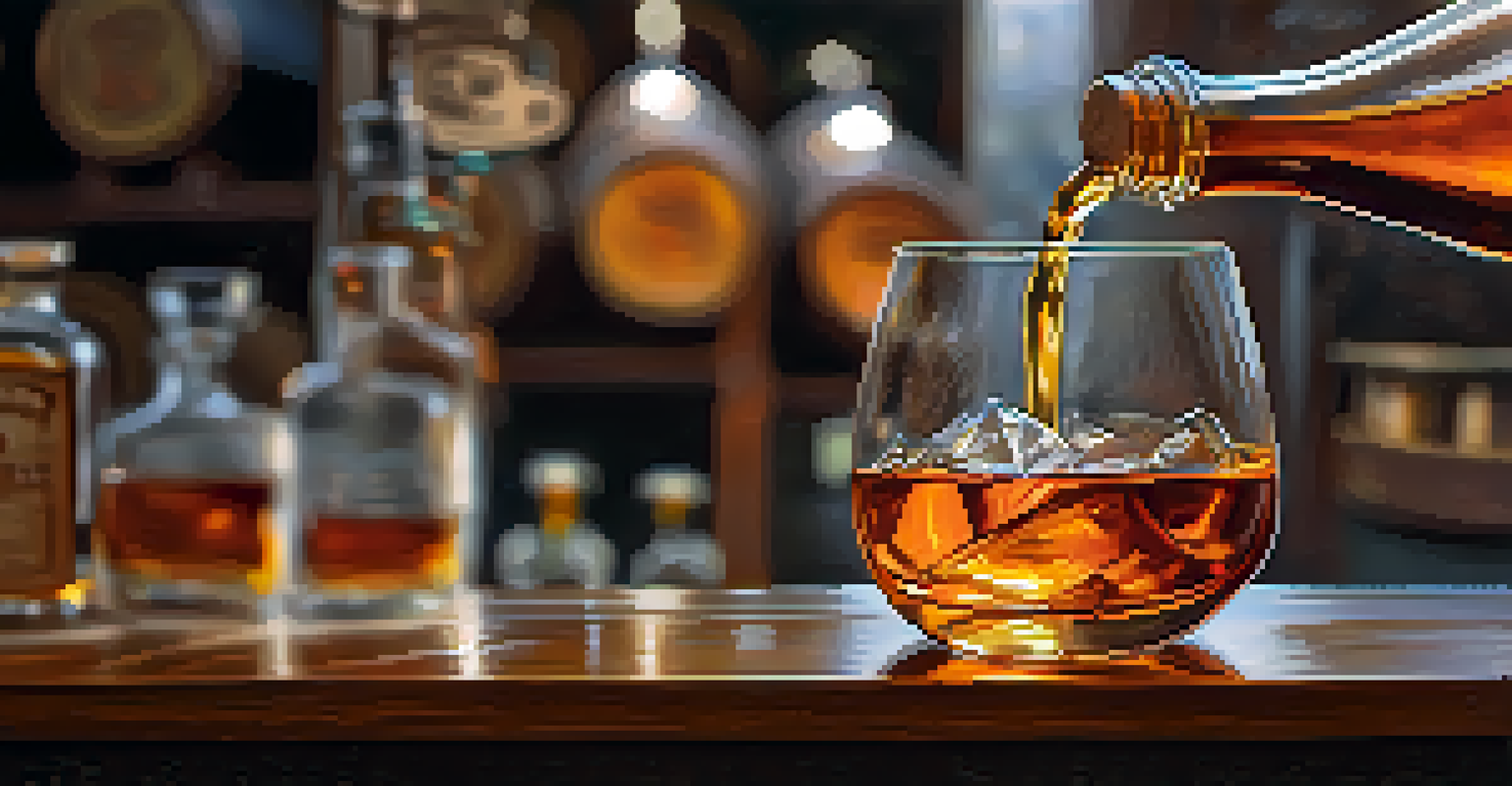 A close-up of hands pouring amber whiskey into a glass, with a blurred distillery interior in the background.