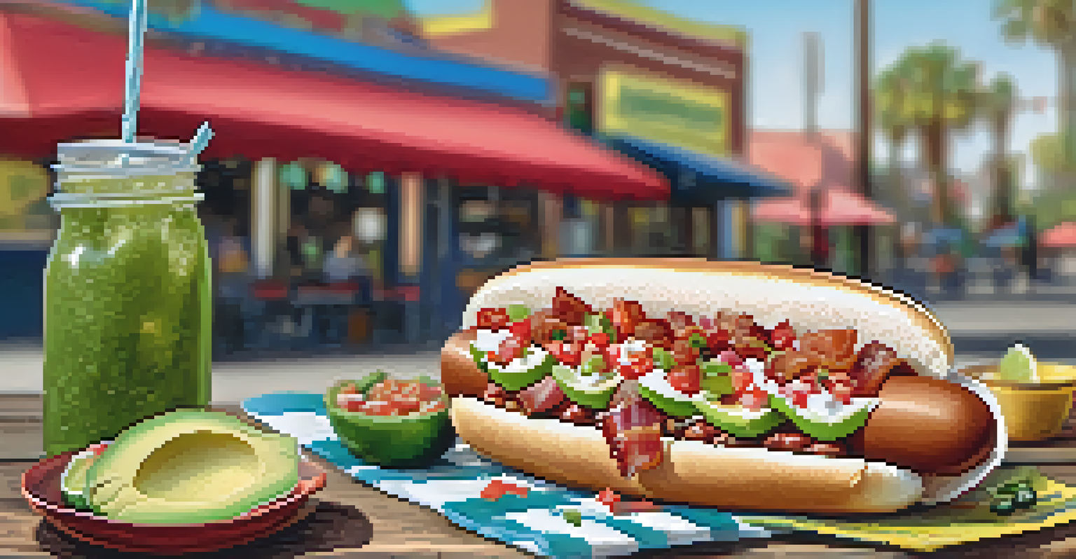 Close-up of a Sonoran hot dog wrapped in bacon with colorful toppings on a picnic table.