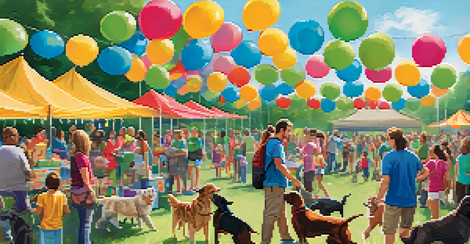 A lively adoption event in a park with volunteers and families interacting with dogs and cats under colorful tents.