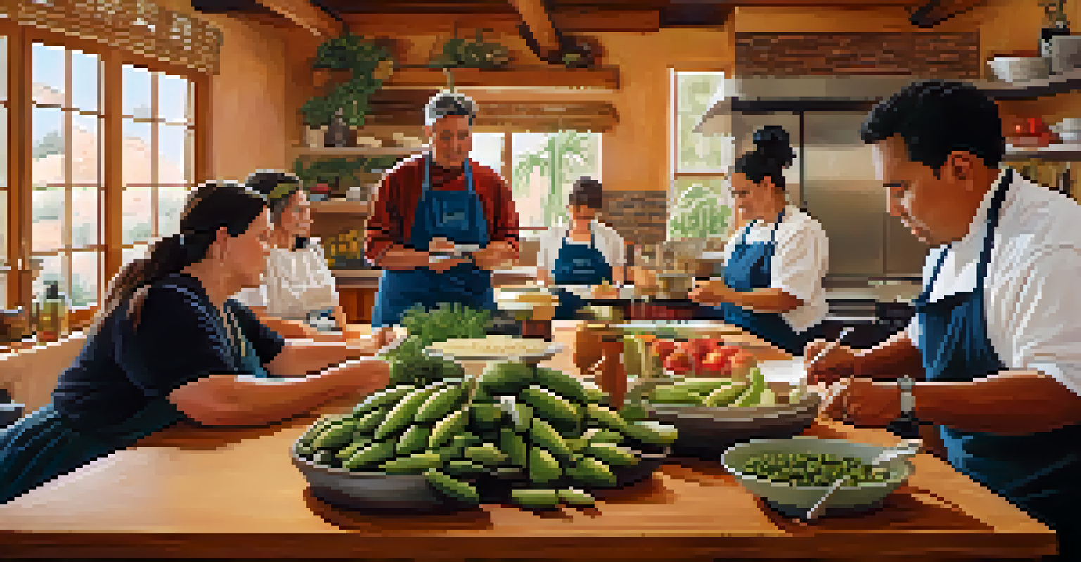 A local chef teaching a cooking class about traditional Tucson cuisine, surrounded by fresh ingredients and participants in a warm kitchen.