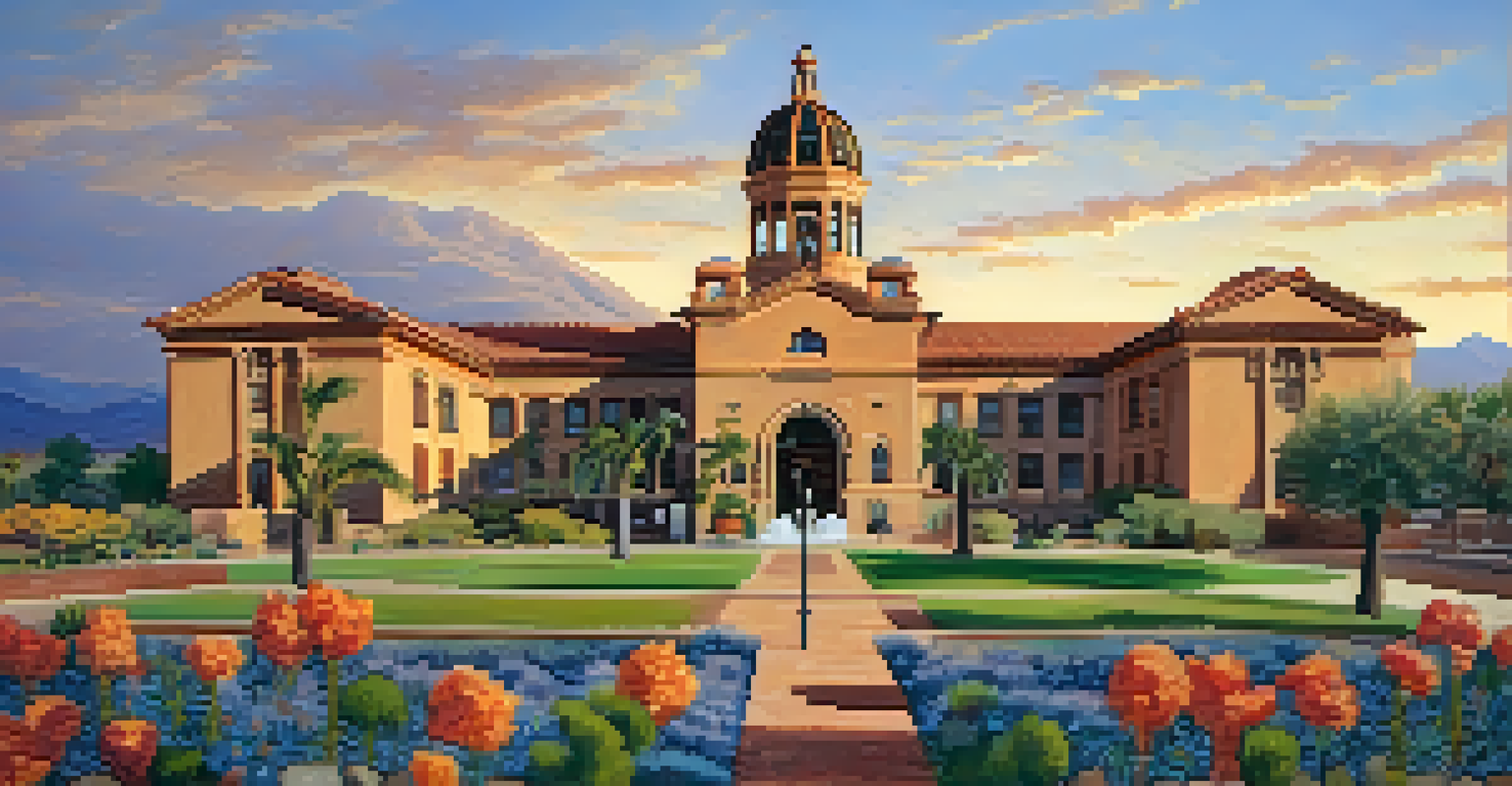 The Old Pima County Courthouse with colorful tiles and a distinctive dome, set against a sunset sky.