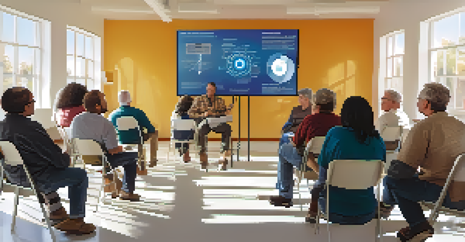A group of diverse residents in Tucson participating in a community solar project workshop, with a presentation board in a sunlit room.