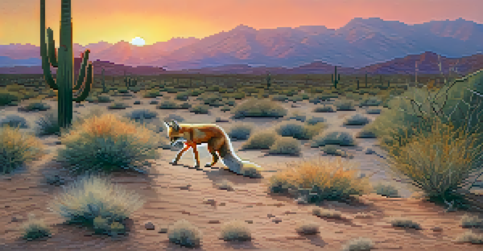 A summer desert scene in Tucson featuring a kit fox emerging from its burrow at dusk, with a vibrant sunset in the background.