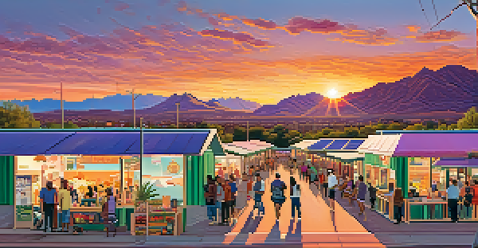 A sunset view of Tucson's skyline with solar panels on buildings and residents engaging in a community event about renewable energy.