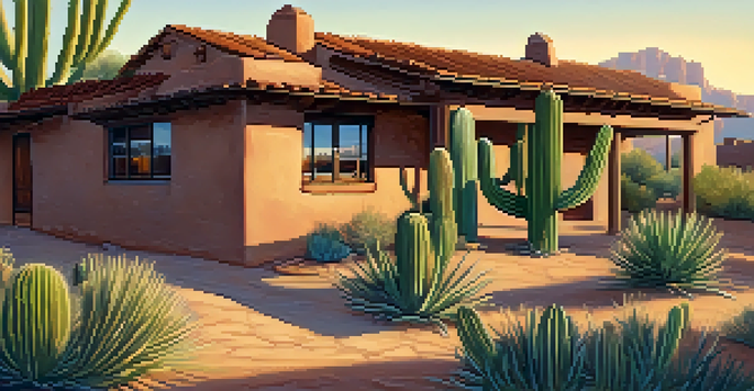 A traditional adobe home in Tucson surrounded by desert plants, illuminated by golden sunlight.