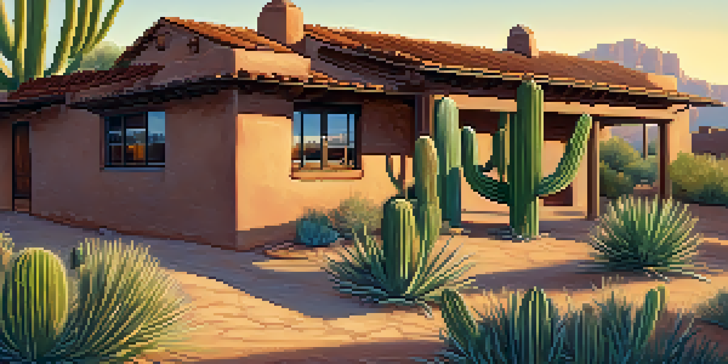 A traditional adobe home in Tucson surrounded by desert plants, illuminated by golden sunlight.