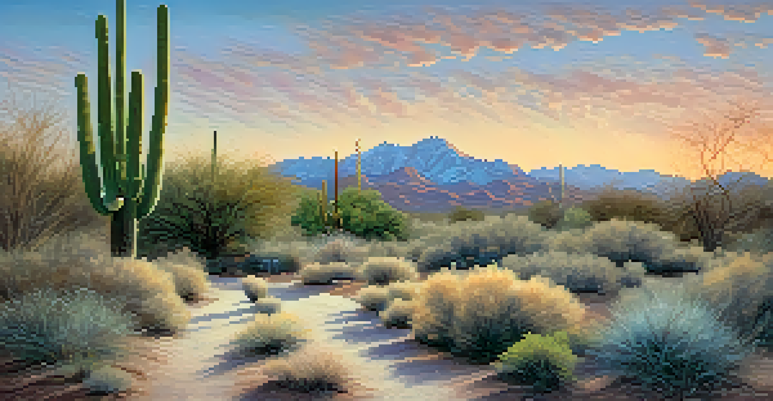 A serene winter landscape in Tucson with snow on the Catalina Mountains and a peaceful pathway lined with desert plants.