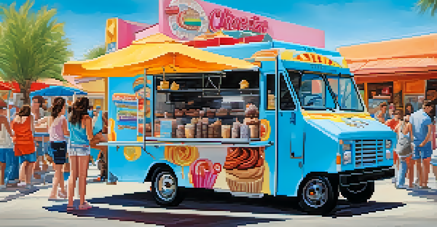 A dessert food truck in Tucson with a display of cupcakes and churros, and customers enjoying their treats.