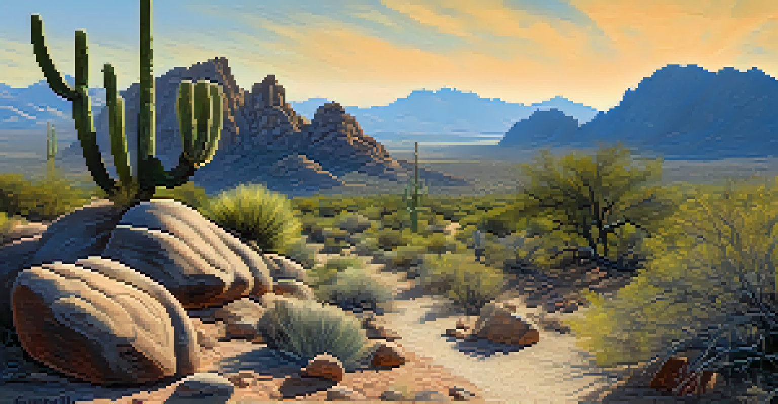 A hiking scene in Catalina State Park with petroglyphs and desert scenery.