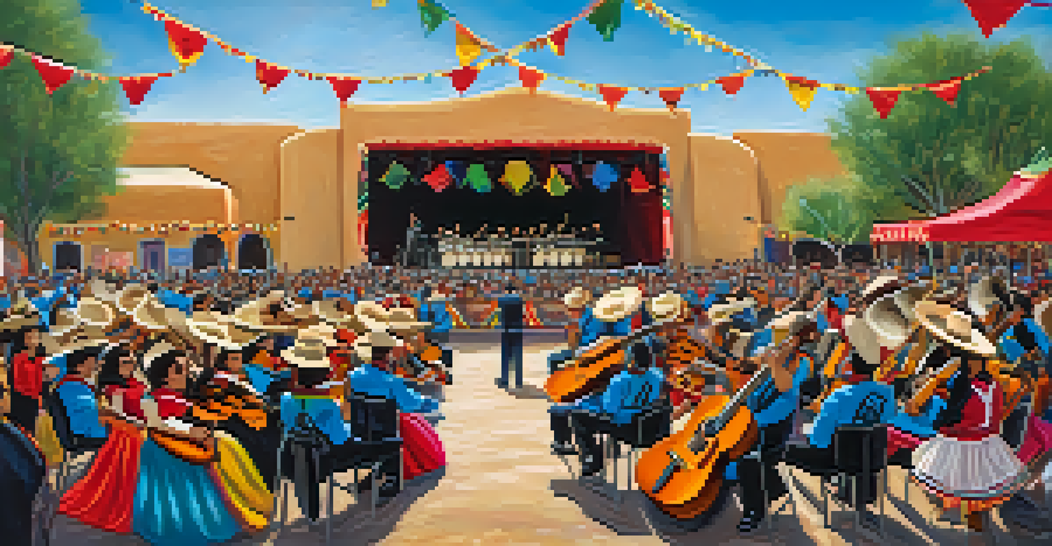 Musicians in traditional attire performing at the Tucson International Mariachi Conference, with a lively crowd and colorful decorations.