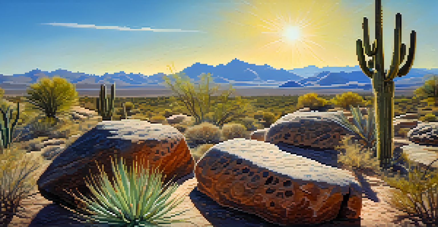 Close-up of petroglyphs in Tucson Mountain Park with desert scenery.