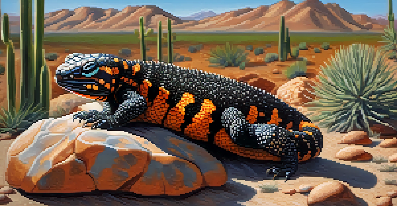 A close-up view of a Gila monster on rocks, showcasing its orange and black scales against a blurred desert background.