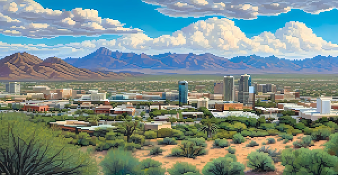 A wide view of Tucson with mountains in the background, people cycling and using public transport in a green urban area.