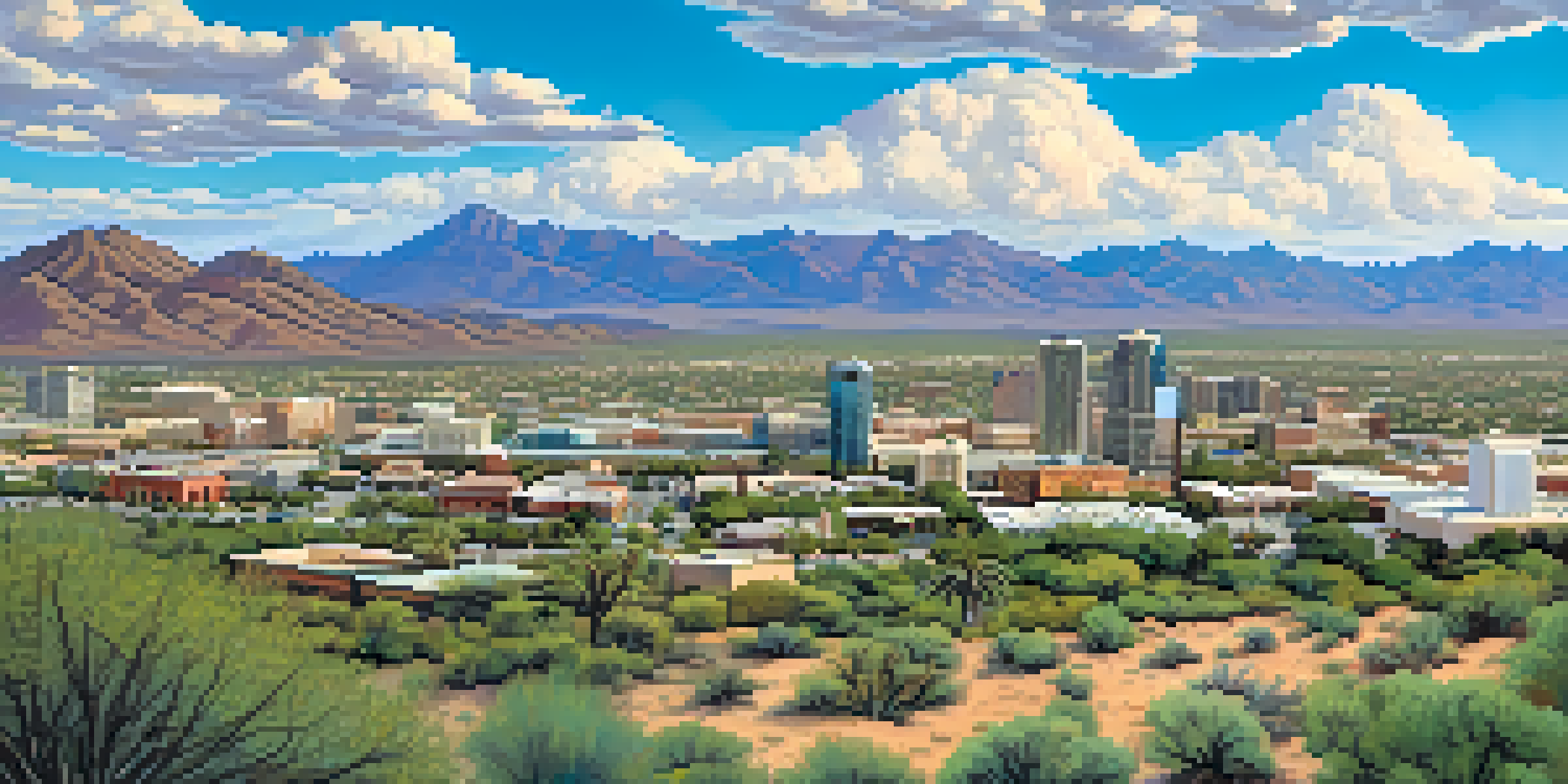 A wide view of Tucson with mountains in the background, people cycling and using public transport in a green urban area.
