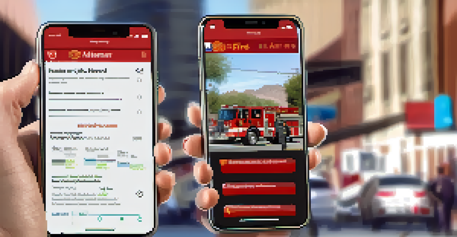 A smartphone displaying the Tucson Fire Department mobile app with alerts and safety tips, with a firefighter in the blurred background.