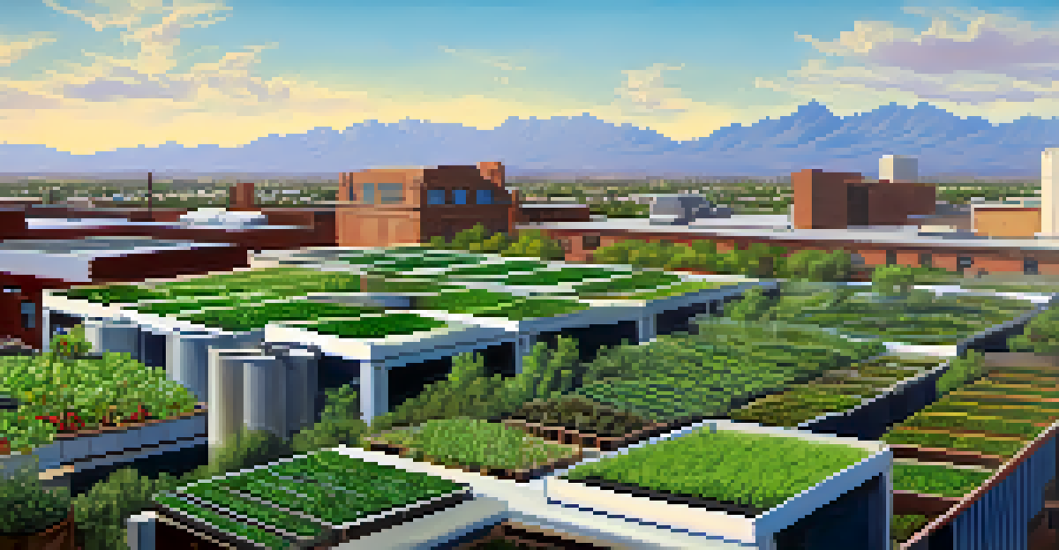 Aerial view of a rooftop urban farm in Tucson showcasing vertical gardens against the city skyline.