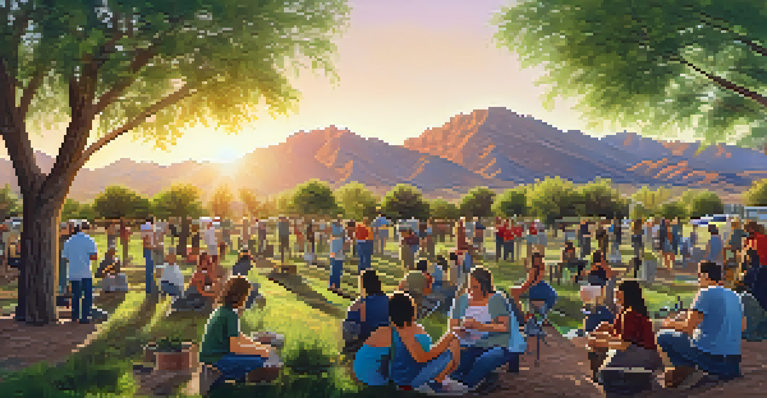 Residents participating in a tree planting event in a Tucson green space during sunset, showcasing community engagement.
