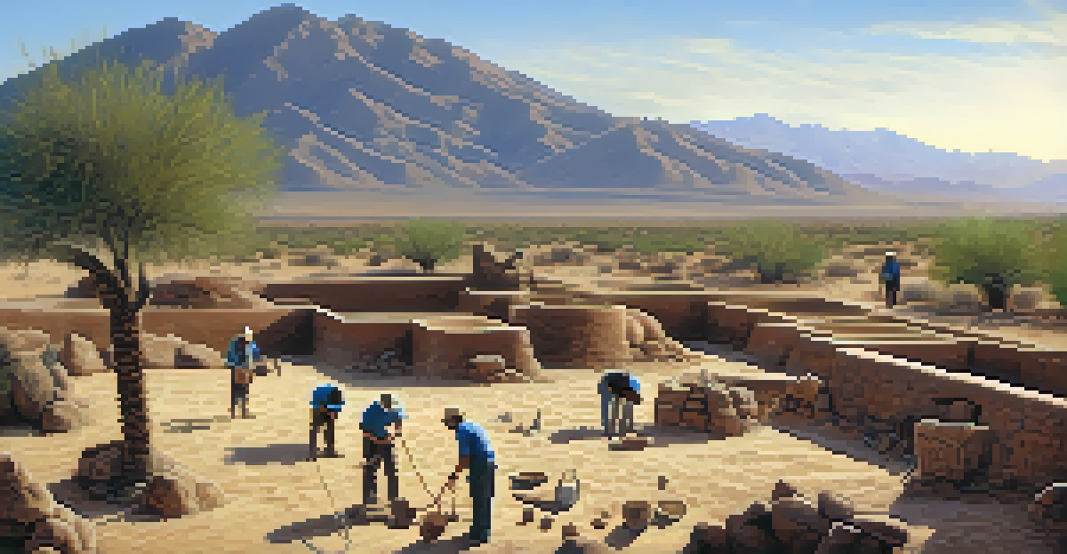 Archaeologists excavating artifacts in Tucson's desert terrain, with mountains in the background and early morning light.